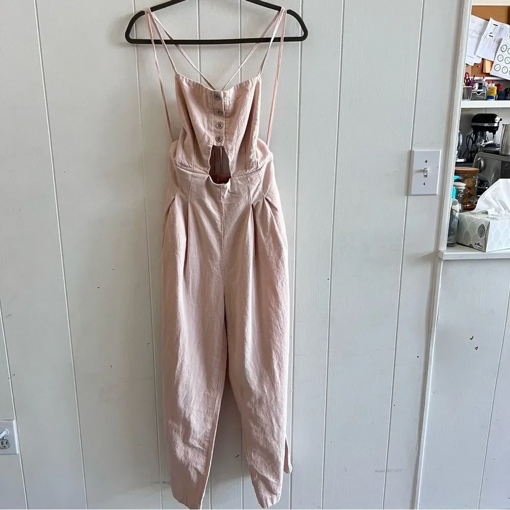 Free People Marbella Linen Cutout One Piece Jumpsuit Wide Leg